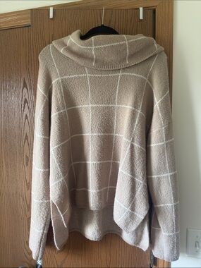 Lumiere Beige Windowpane Cowl Neck Sweater